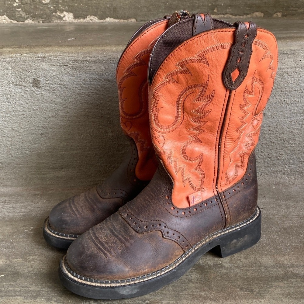 Women's Justin Boots Gypsy Western Cowboy Brown & Orange Leather Floral Stitch‎